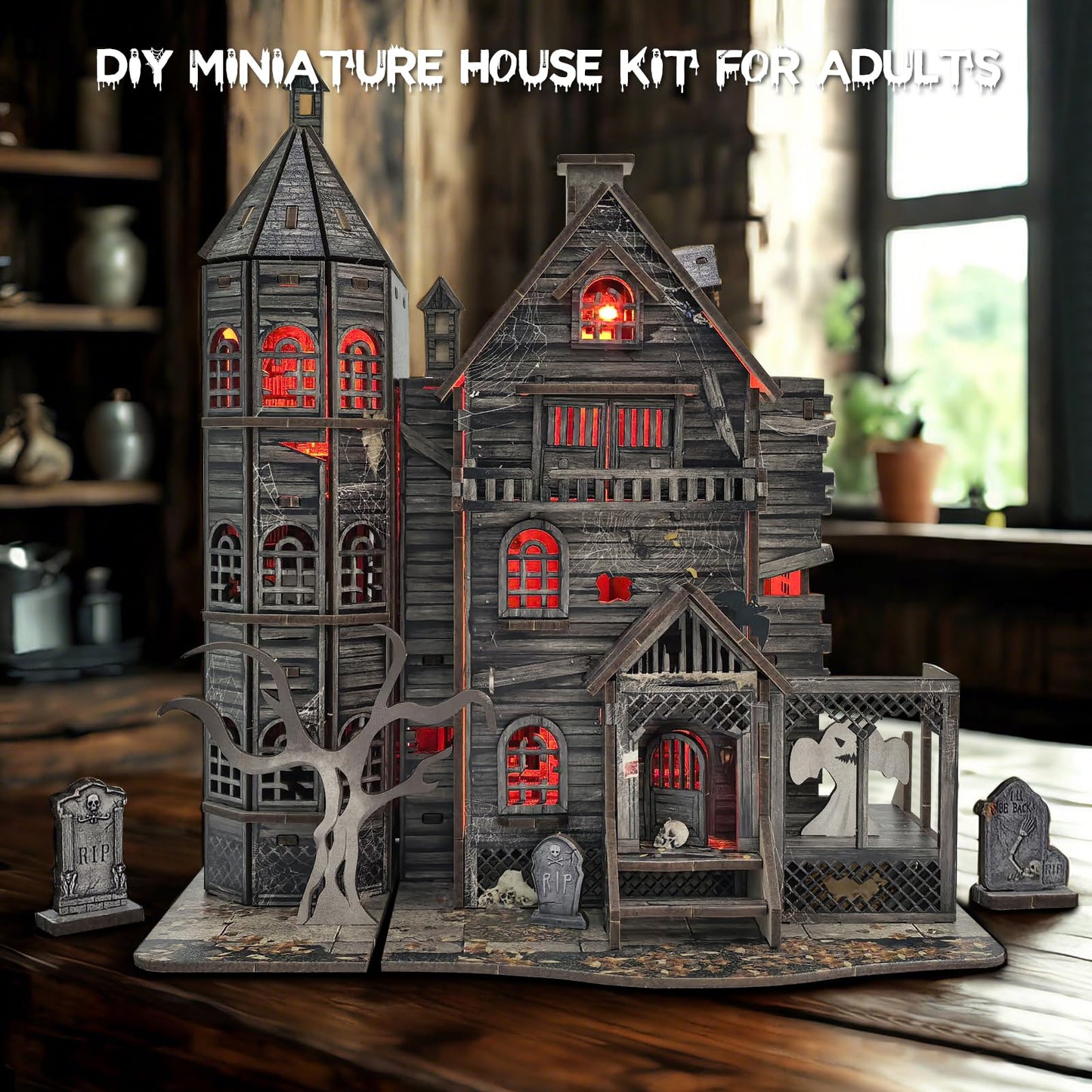 DIY Miniature House Kits for Adults - Haunted House 3D Wooden Puzzle for Teens, Decorative Bookends for Office, Home, Desk, Mini Tiny Dollhouse Kit Ideal for Halloween, Christmas, Friends, Kids, Boys