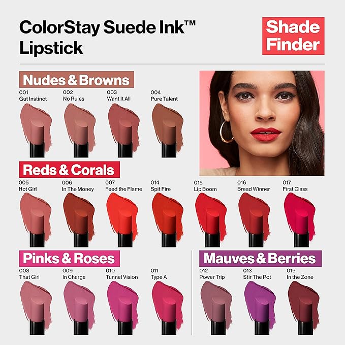 Revlon Lipstick, ColorStay Suede Ink, Built-in Primer, Stocking Stuffer for Women, Waterproof, Smudge-proof, Matte Color, 009 In Charge, 0.09 oz