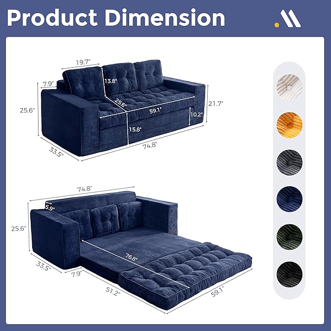 MAXYOYO Convertible Sofa Bed, Pull Out 3 Seater Sleeper Sofa, 2 in 4 Folding Couch Bed, Fold Out Floor Couch with Pillows for Living Room Bedroom Lounge, Navy