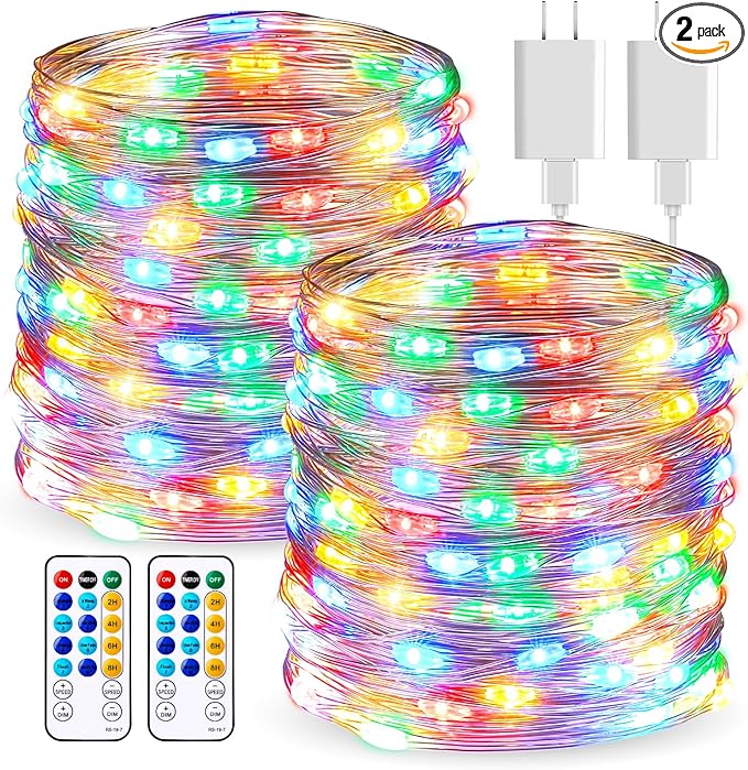 Minetom Fairy Lights with Remote, 66 Feet 200 Led Firefly String Lights Plug in for Bedroom Home Wall Ceiling Christmas Tree Wreath Craft Wedding Party Indoor Outdoor Decoration, Multicolor（2pack）
