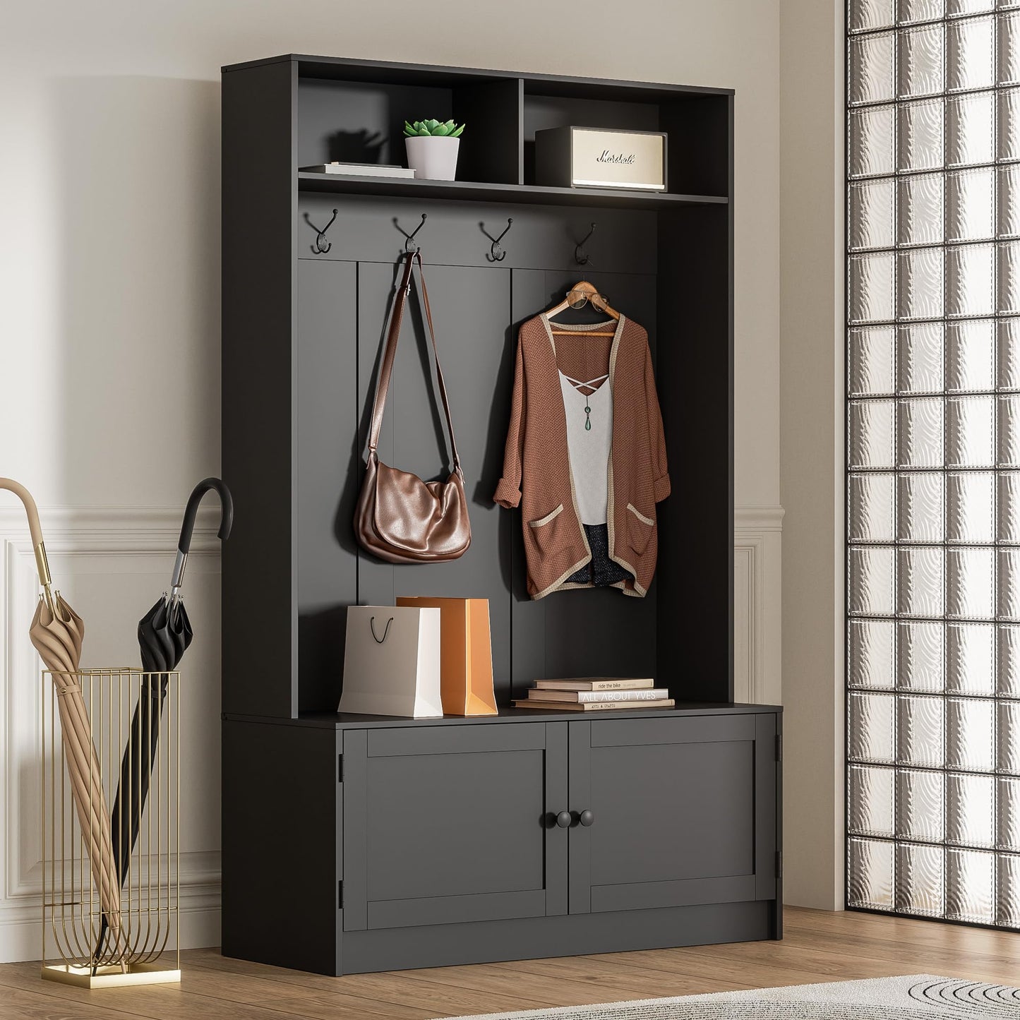 MHOM Black Hall Tree with Storage, 65" Tall Entryway Bench with Shoe Storage, Coat Rack and Top Shelf, Freestanding Wooden Hall Tree with Bench for Entryway, and Hallway