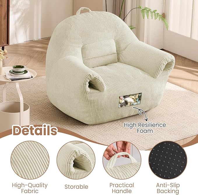 Peace nest Bean Bag Chair with Memory Foam Filled Ultra Soft Corduroy Cover for Adults Comfy Fur Bean Bag Chairs with Armrests for Bedroom Living Room Office Dorm Reading Beige