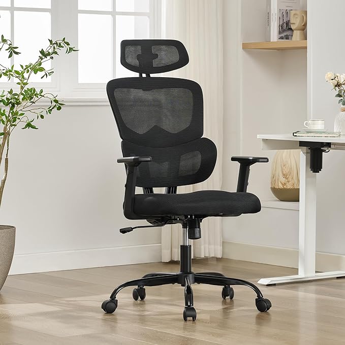 BOWTHY Ergonomic Office Chair,Home Mesh Office Desk Chairs,High Back Office Chair 330 LBS,Swivel Computer Task Chair with 2D Armrest,Lumbar Support,Adjustable Headrest,Rocking Function (Black)