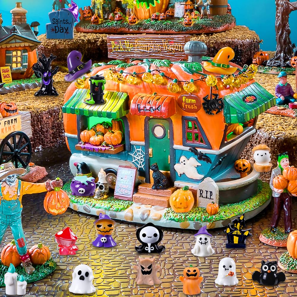 DIYDEC 32pcs Halloween Mini Resin Figures 32 Styles Tiny Resin Animals Little Small Figures to Hide Pumpkin Ghost Skull Miniatures Bulk for Halloween Party Favors Bag Fillers Garden Dollhouse Decor