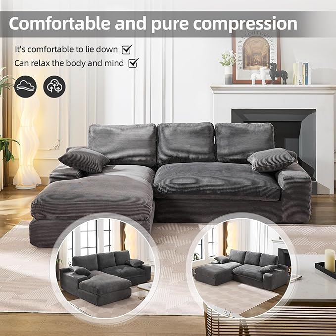 98.4" Cloud Modular Sectional Couch with Chaise,L-Shaped Modern Upholstered Sofa with Deep Seat,Corduroy Sectional Couches for Living Room and Bedroom,No Assembly Required(Grey)