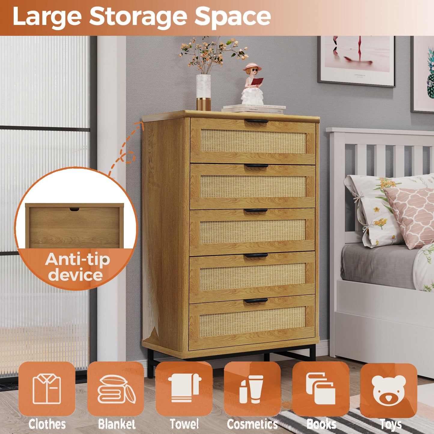 ALBSL 5-Drawer Dressers,Tall Dresser Vertical Storage Tower for Bedroom,Rattan Chest of Drawers Organizer Unit with 5 Drawers, Storage Cabinet for Hallway,Living Room and Entryway,Natural
