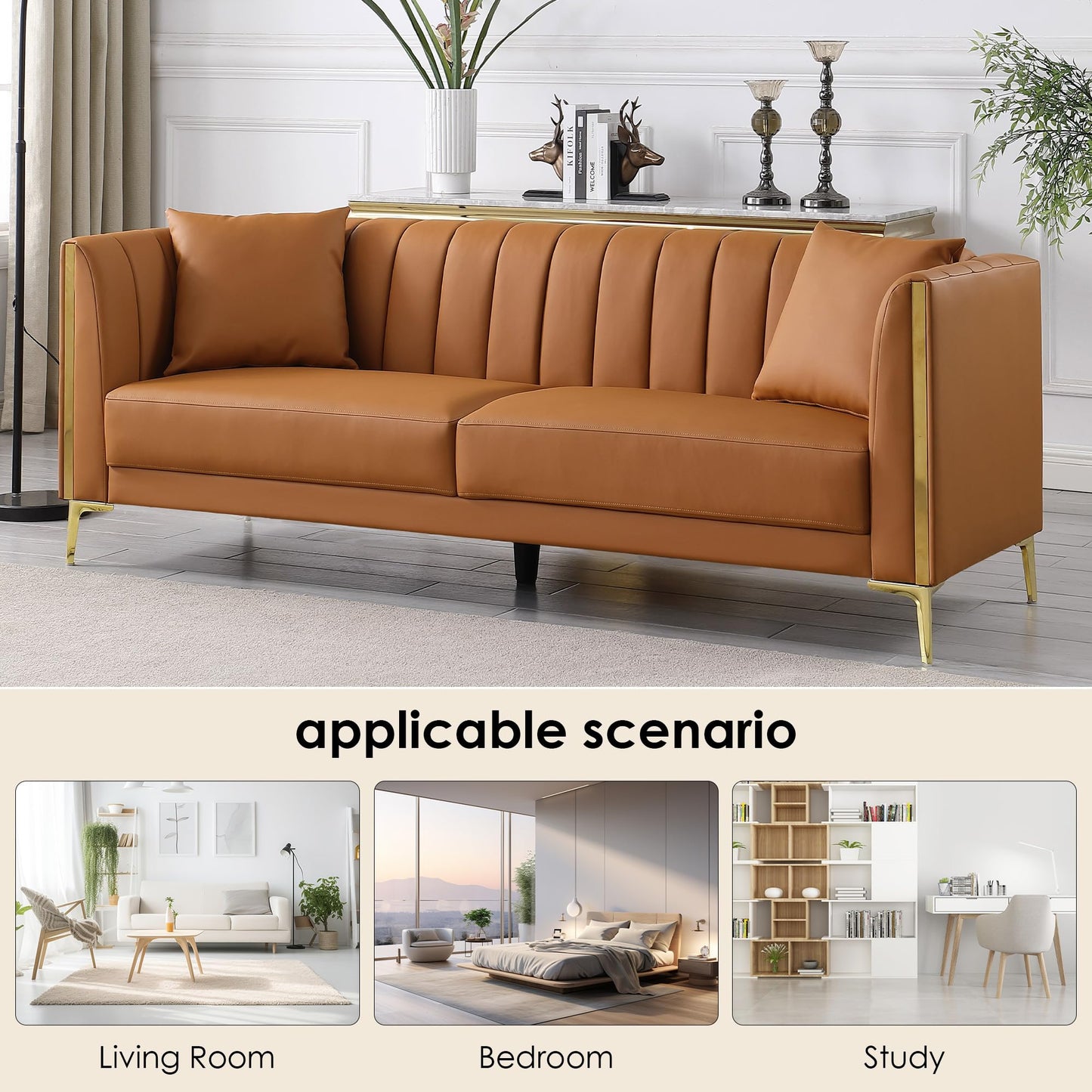 FOTOSOK 78'' Sofa, Modern Leather Couches for Living Room, Comfy, Faux Leather Sofa 3 Seater Sofa with 2 Throw Pillows and Gold Metal Legs, Deep Seat Sofas (Brown)
