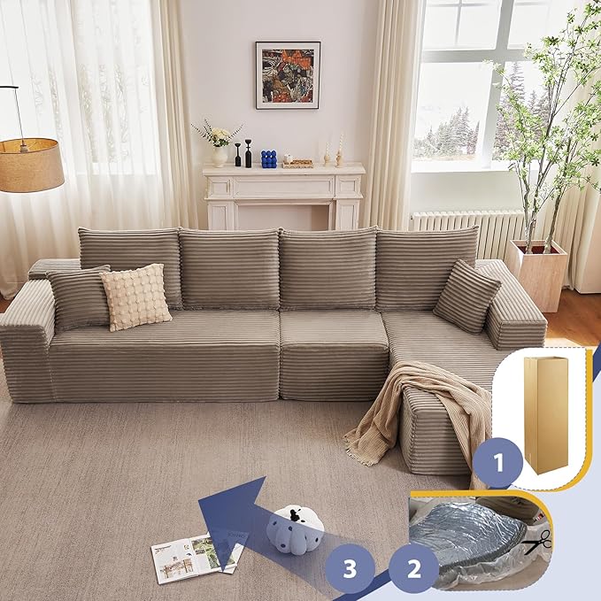 135.4" Cloud Sectional Couch with L-Shape Chaise, Modern Corduroy Boneless Couch for Living Room,Memory Foam Sofa with Deep Seat,No Assembly Required (Camel,Right-Facing Chaise)