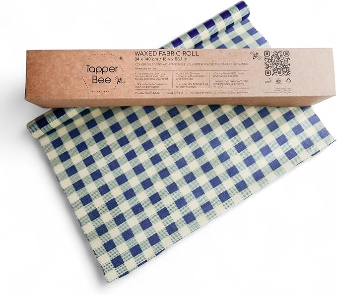 Reusable Beeswax Wrap Roll – Cotton, Plastic-Free Food Storage Alternative – Wrap Made by Women in Chile (Blue Squares)