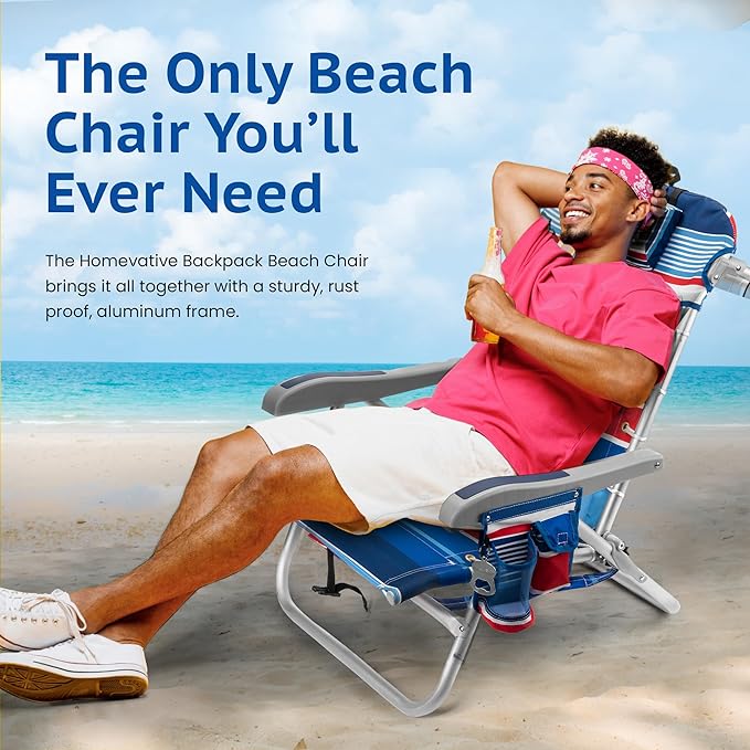 Homevative Cooler+ Folding Backpack Beach Chair with 5 Positions, Towel bar, XL Cooler Pouch, Storage Net, Cup and Phone Holder, Fireworks, 2 Pack