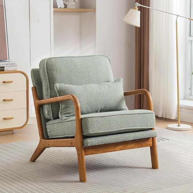 SEYNAR Mid-Century Accent Chair, Sherpa Fabric Lounge Chair with Wide Armrest,13-16.5'' Low Seat Height Armchair with Lumbar Pillow & Solid Wood Frame for Living Room, Bedroom, Balcony(Mint Green)