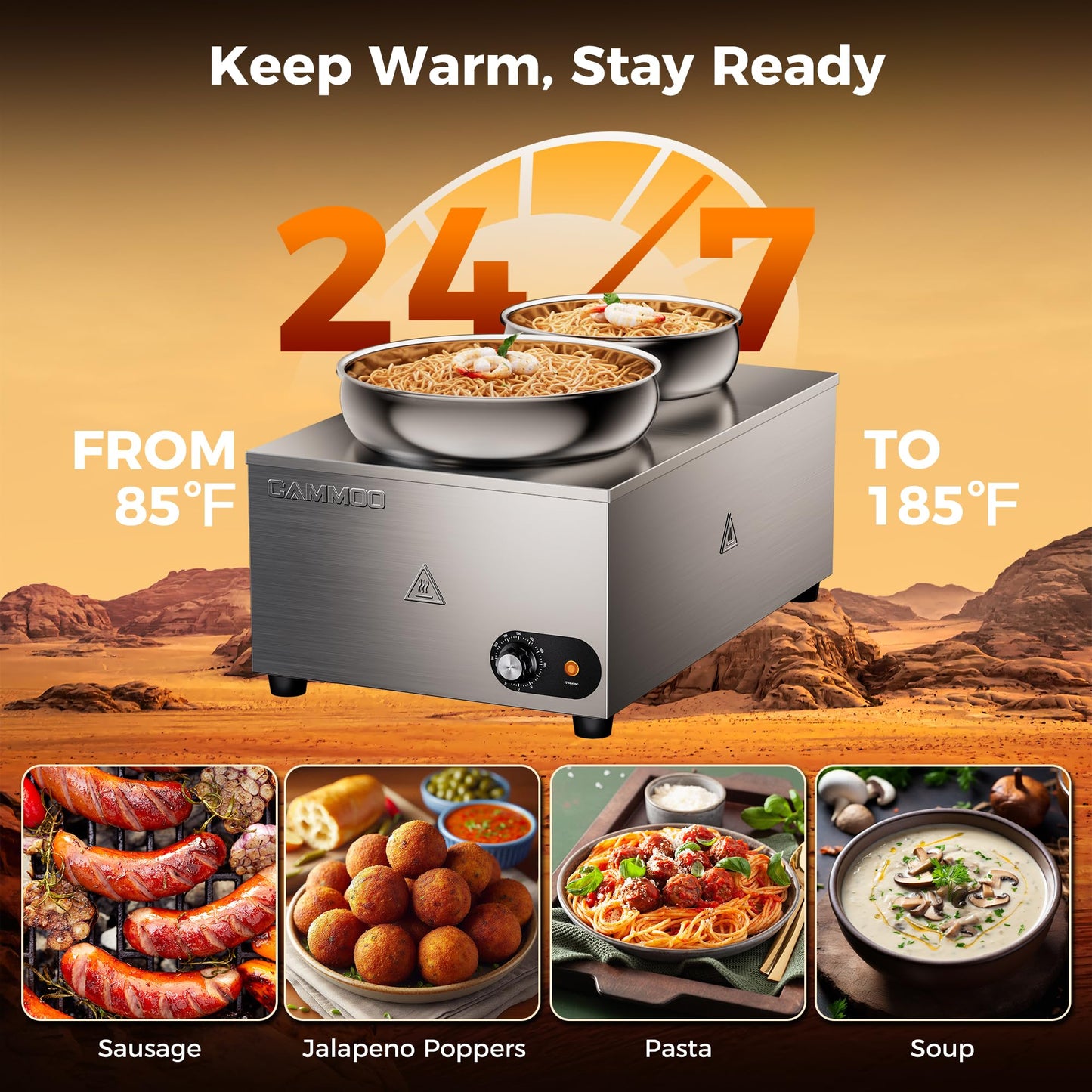 CAMMOO 20qt 2-in-1 Electric Soup Warmer and Steam Table Food Warmer, 1200W Stainless Steel Bain Marie Pot, 86~185°F Adjustable Temp, Commercial Soup Kettle for Catering Restaurant Buffet
