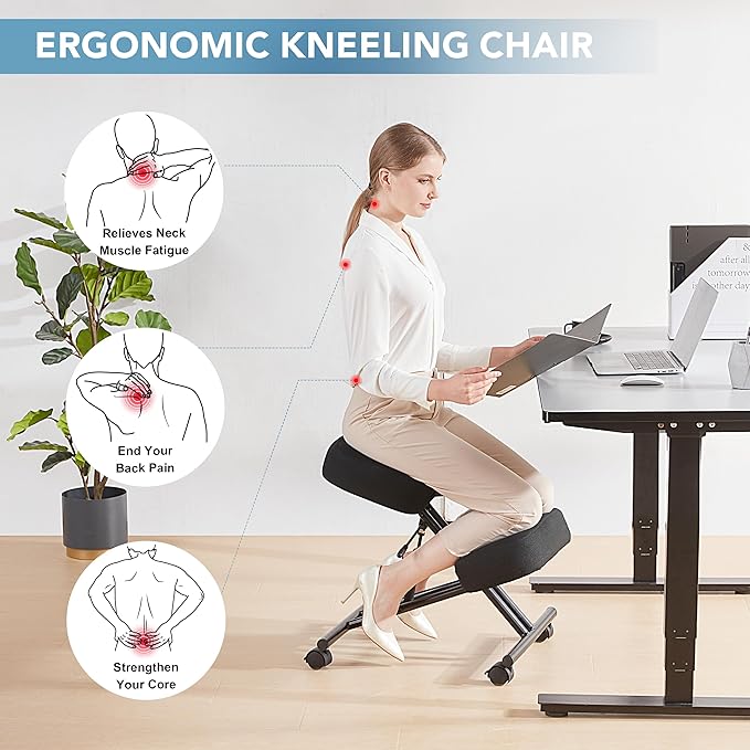 SOMEET Ergonomic Kneeling Chair for Office and Home, Adjustable Stool Posture Chair to Relieve Neck & Back Pain, Brake and Smooth Gliding Casters, Kneeling Desk Chair to Improves Posture, Black Linen