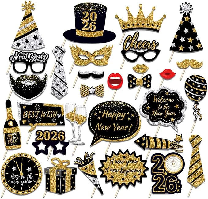 WEIKA, New Years Photo Booth Props 2026 - Huge, Pack of 30 | New Years Eve Photo Booth Props 2026 (Black Gold)