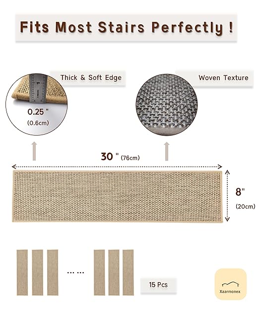 Natural Linen Stair Treads for Wooden Steps, 7 Pcs 8" x 30",Non Slip Stair Runner, Peel and Stick Carpet Indoor for Kids Elders and Pets (7, Beige, 8" x 30")