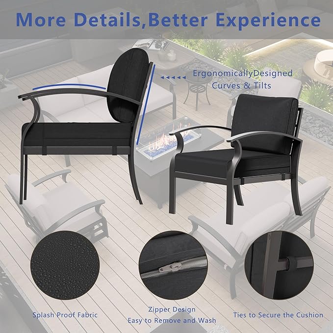 RTDTD Aluminum Outdoor Patio Furniture Set,5 Pieces 7 Seats Patio Conversation Sets with 45" Propane Fire Pit Table,Metal Patio Sectional Furniture Set w/5.1" Cushions for Porch,Deck,Backyard,Black