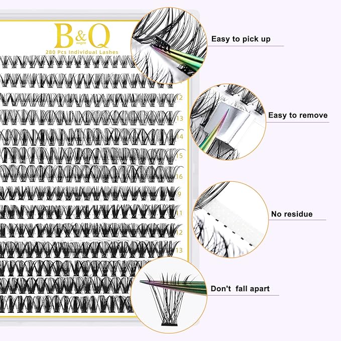 B&Q Lash Clusters 280PCS Natural Eyelash Clusters 30D 40D C 9-16 Individual Lash Wispy Eyelash Extension with Soft Thin Band Classic Look Pestañas Postizas Comfortable DIY at Home(30D+40D-C-9-16MIX)