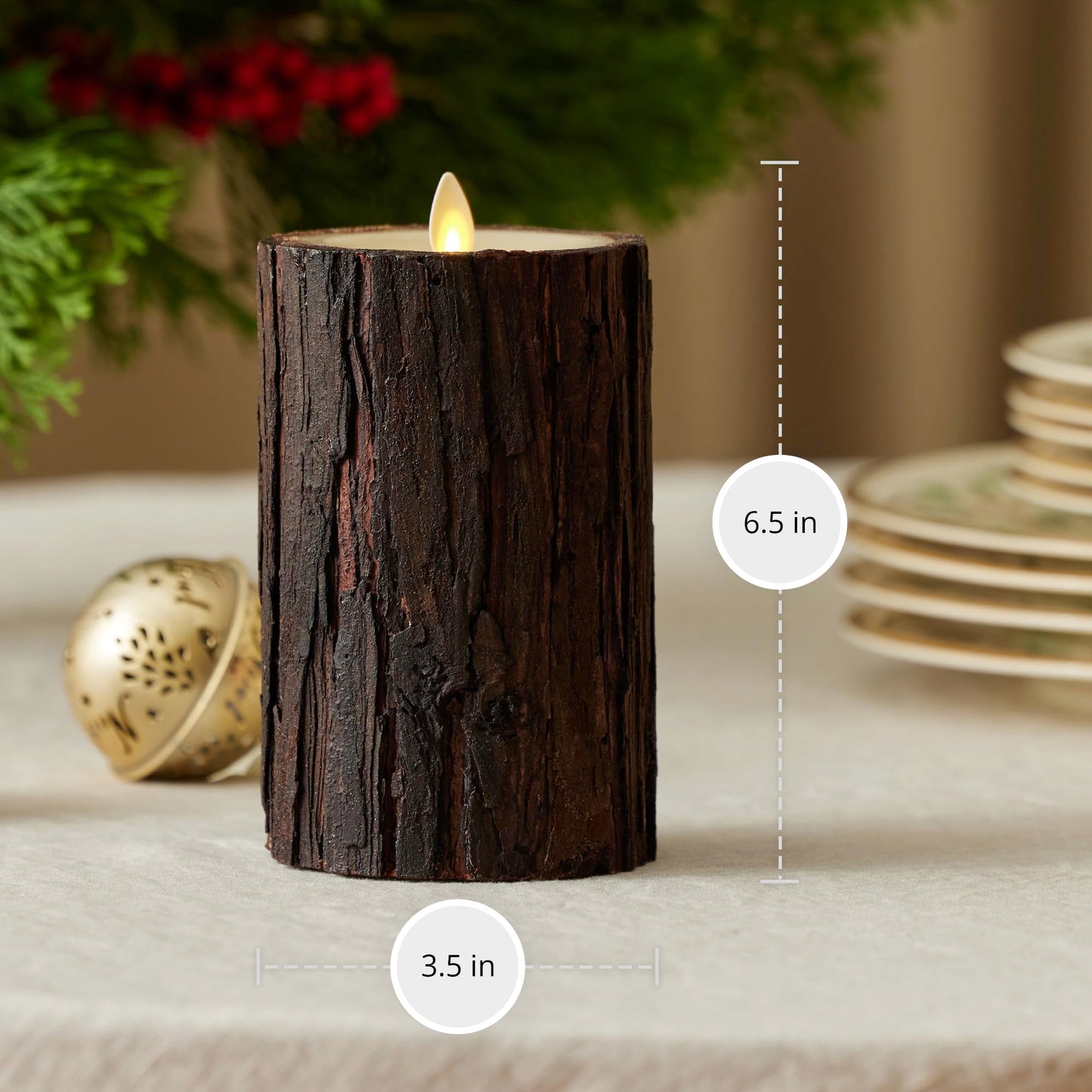 Luminara Real Bark Flameless LED Candle, Ivory 3.5" x 6.5", Moving Flame Battery Operated with Timer, Realistic Wax Pillar for Home Decor, Indoor Safe