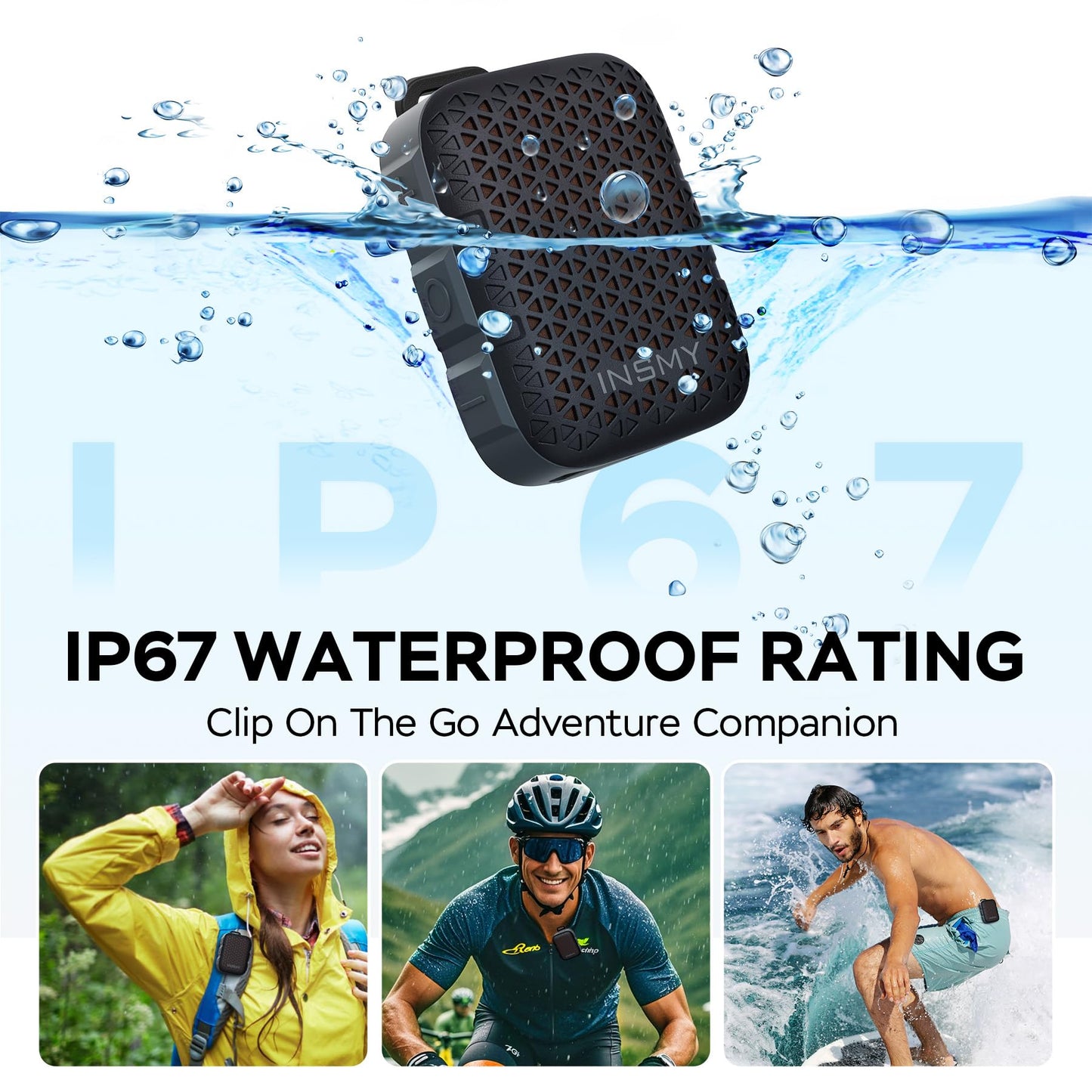 INSMY Wearable Bluetooth Speakers,IP67 Waterproof,Clip-On Portable Small Personal Speaker/Clean Sound/Stereo Pair/Wireless 5.4/ENC Built-in Mic/Lightweight for Outdoor Golf Work Pool (Black)