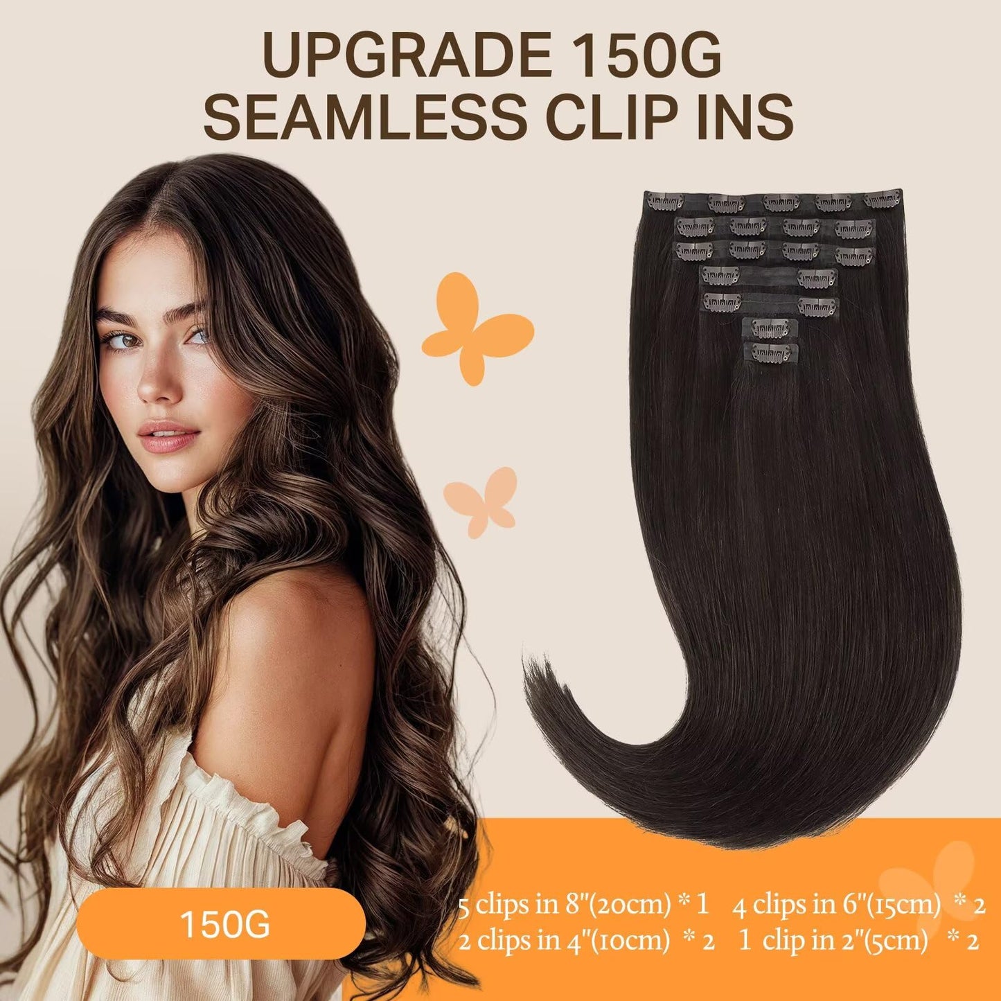 DOORES Seamless Invisible Edge Clip in Hair Extensions, Dark Brown 150g 7pcs 22 Inch, Clip in Human Hair Extensions Virgin Remy