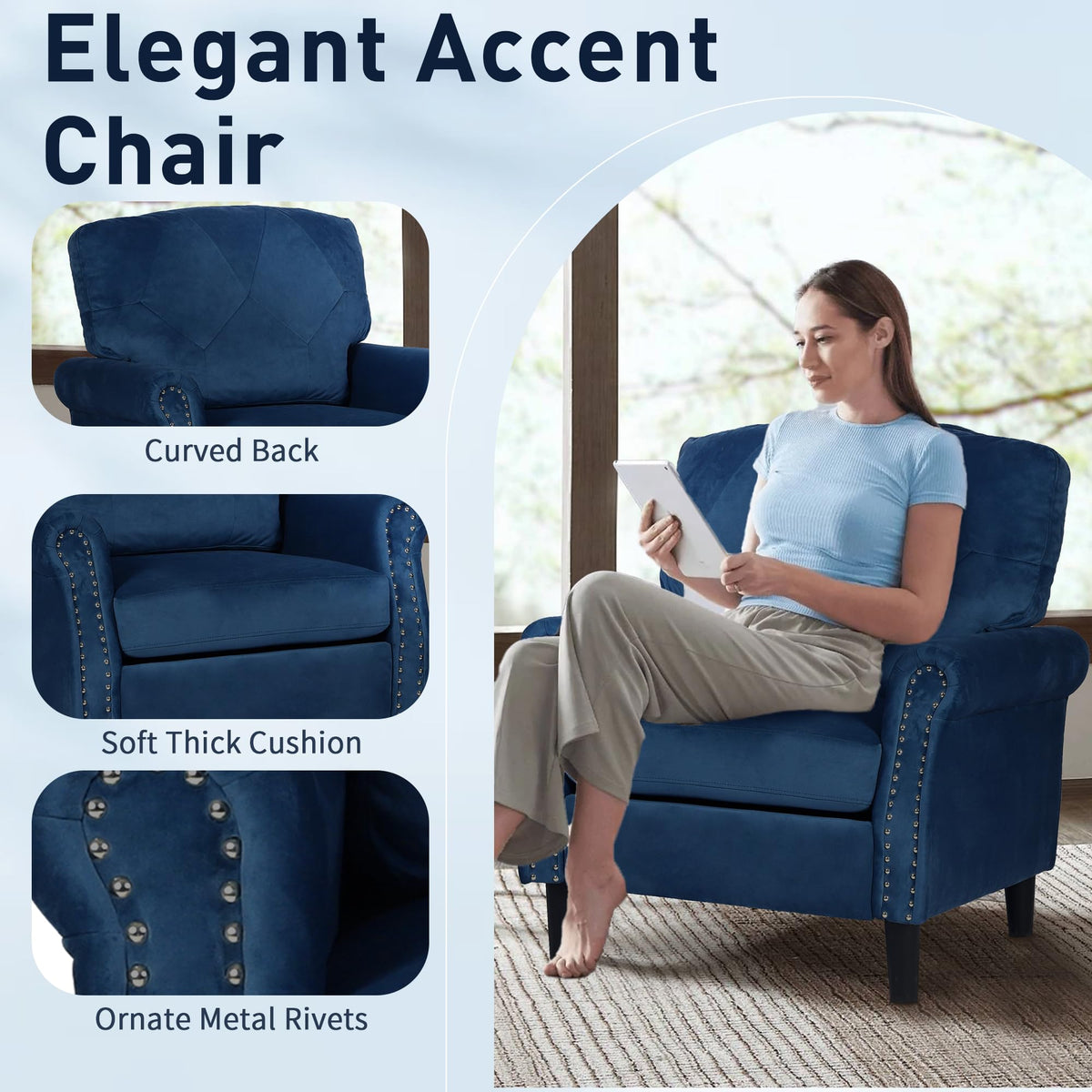 HXZDZ Accent Chairs for Living Room, Set of 2 Mid-Century Modern Upholstered Armchairs, Comfy Velvet Chair w/Wood Legs & Nailhead Trim, Wingback Chair for Bedroom, Blue