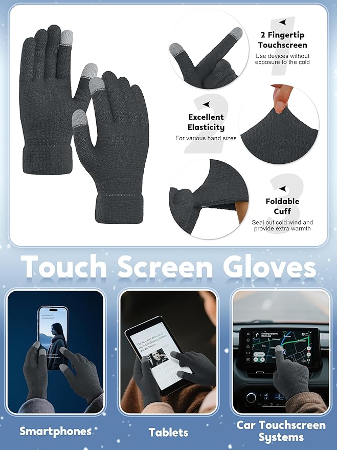 URATOT 4-In-1 Winter Warm Sets Knitted Scarf Touch Screen Gloves Beanie Pompom Hat and Winter Ear Warmer for Men or Women