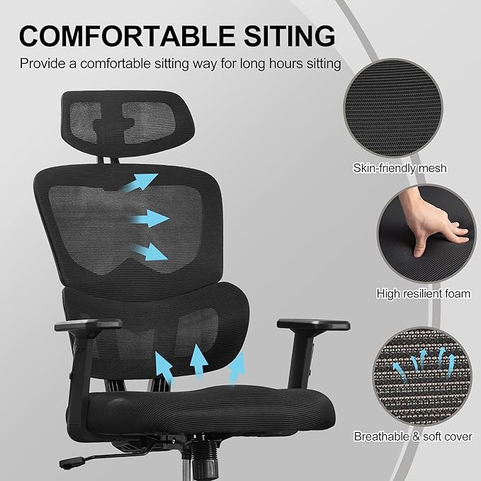 BOWTHY Ergonomic Office Chair,Home Mesh Office Desk Chairs,High Back Office Chair 330 LBS,Swivel Computer Task Chair with 2D Armrest,Lumbar Support,Adjustable Headrest,Rocking Function (Black)