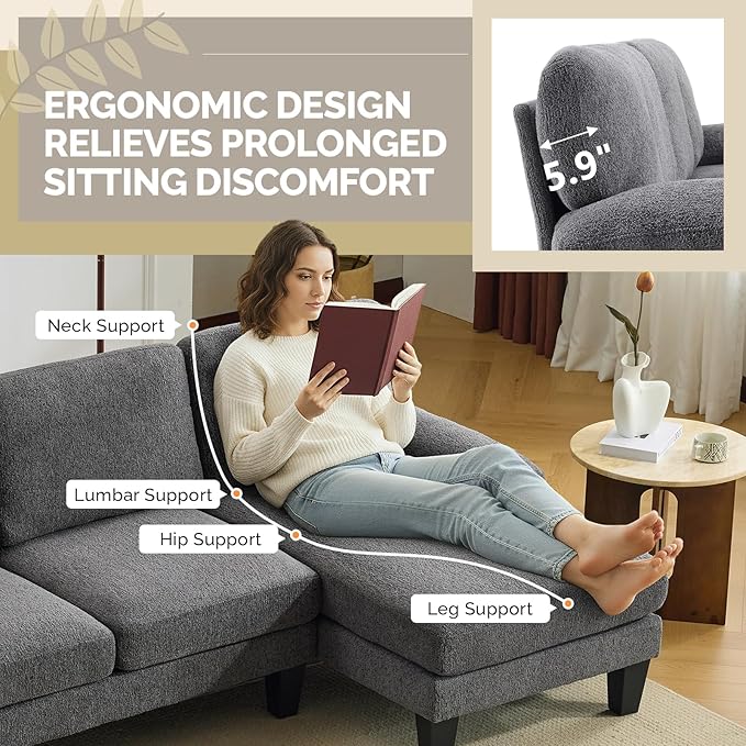 VINGLI 110' U-Shaped Sectional Couch with Two Chaise, Affordable Small Sofa with 4 Seats, Chenille Fabric Comfy Couches for Living Room, Dark Grey