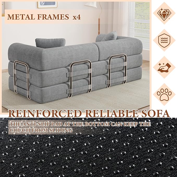 77" Convertible Sofa Bed, Modular Folding Futon Corduroy Floor Foam Compressed Loveseat Sleeper Sofa Couch, Pull Out Queen Size Couch Bed with 2 Pillows for Living Room Guest Room Studio, Light Grey