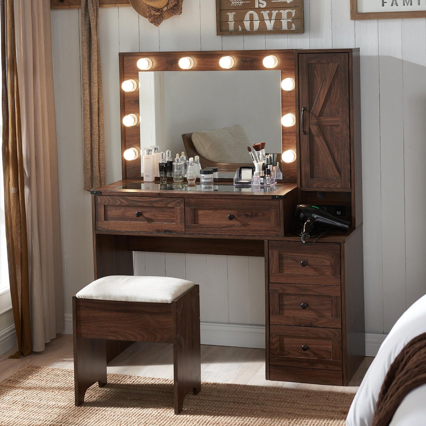JXQTLINGMU Farmhouse Vanity Makeup Desk with Charging Station, 43" W Vanity Desk with Lights Mirror and Drawers for Makeup, Big Modern Makeup Table Set with Stool for Bedroom, Brown
