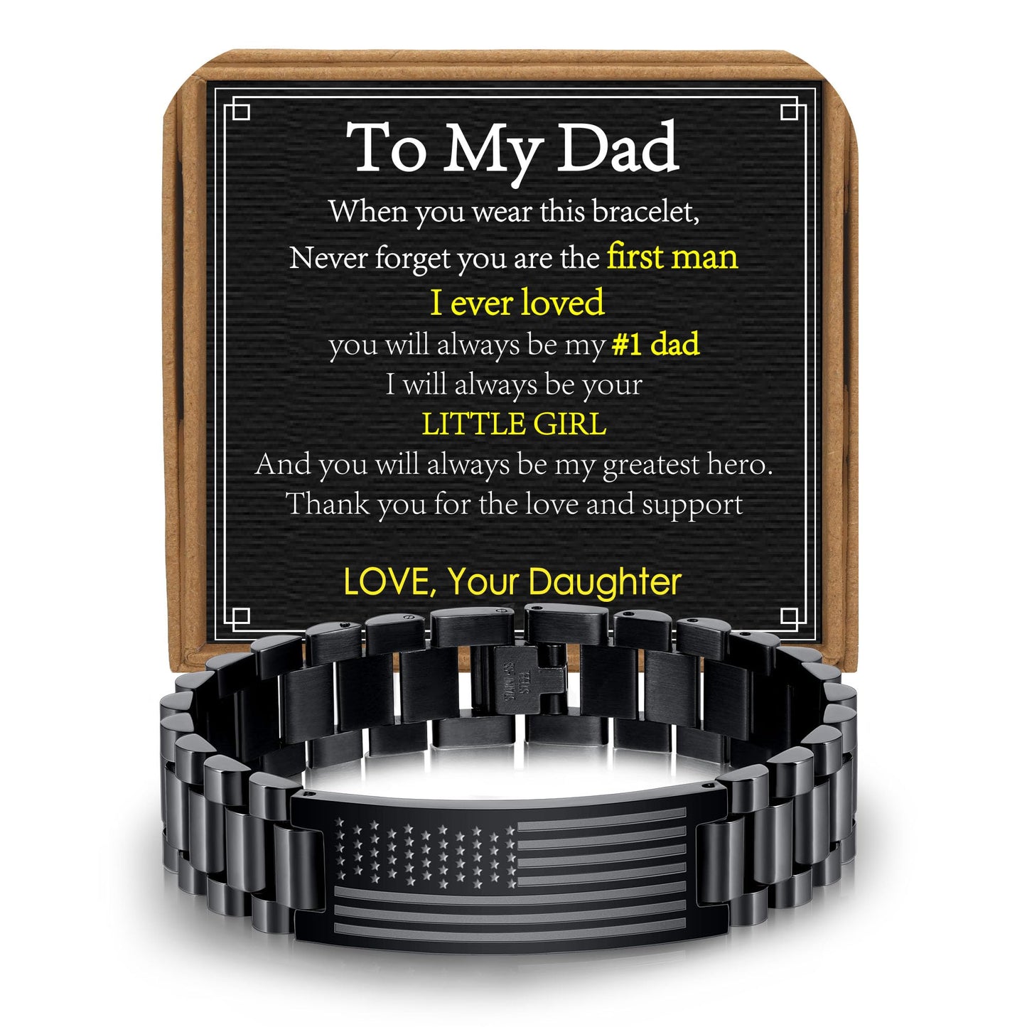 VULETO To My Dad Bracelet Gifts from Daughter, Fathers Day Stainless Steel American Flag Watch Link Bracelet Christmas Birthday Valentines Jewelry Gifts Ideas for Father Presents Best Ever Dad