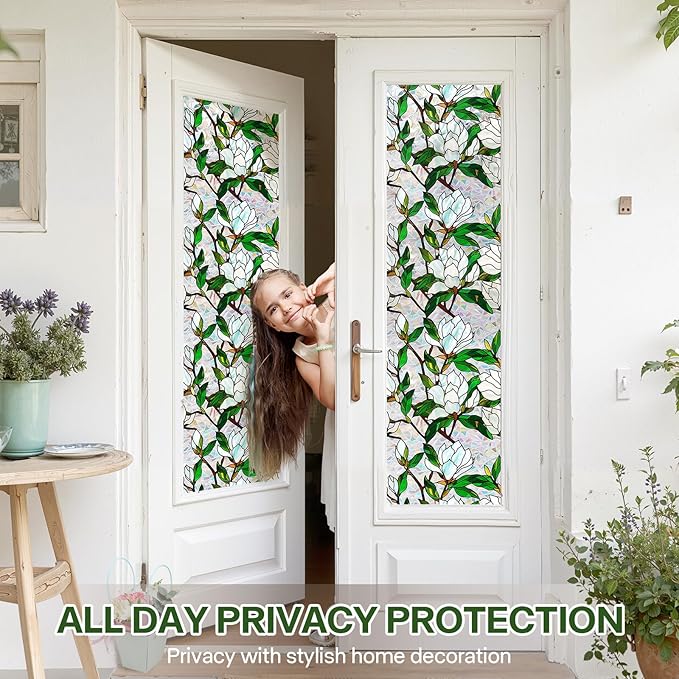 Stained Glass Window Film UV Resistant Window Privacy Film White Floral Privacy Rainbow Decals Living Room Bedroom Sun Blocking Decor Removable Static Cling Stickers 17 x 78.74 Inch
