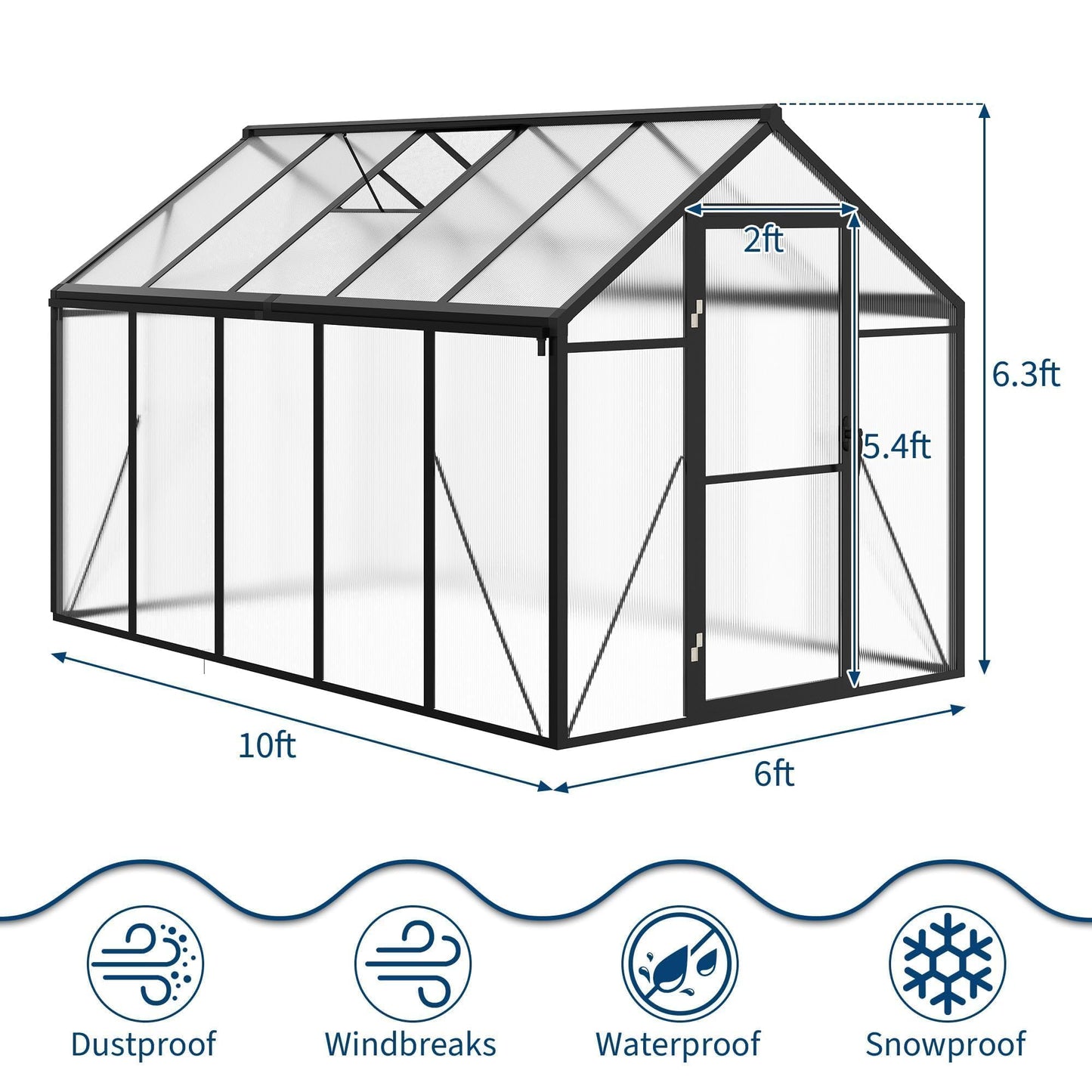 6x10 FT Greenhouse for Outdoors, Polycarbonate Greenhouse with Roof Vent, Ground Nails, Lockable Push Door, Aluminum Large Walk-in Green House for Outside Garden Backyard, Patio, Lawn, Black