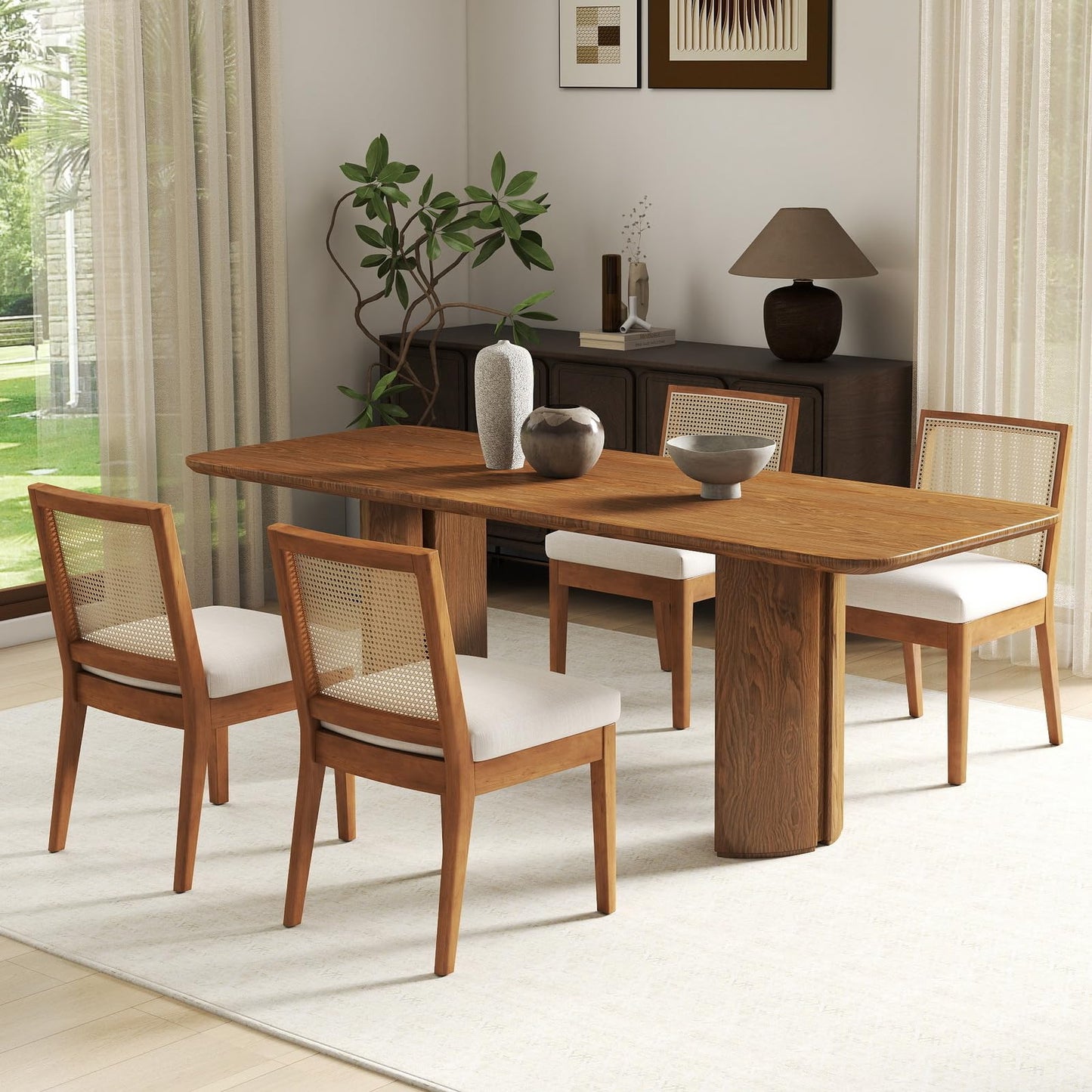 BESTANO Rattan Dining Chairs Set of 4 Natural Wooden Dining Room Chairs Rectangle Cane Country Kitchen Chairs Linen Upholstered Dining Chairs, Cream
