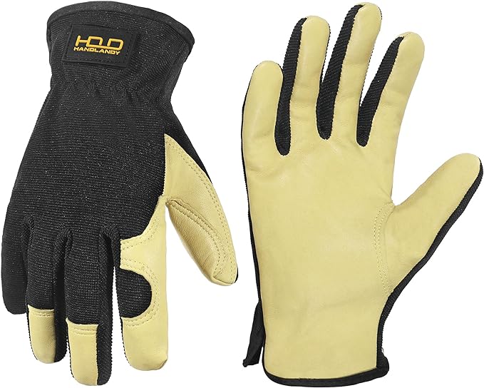 HANDLANDY Men Leather Gardening Gloves, Utility Work Gloves for Mechanics, Construction, Driver