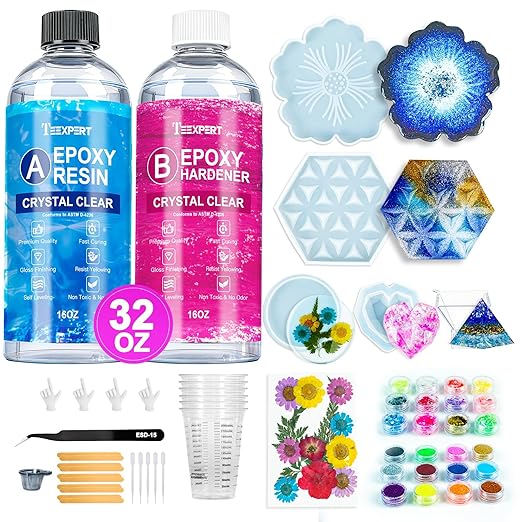 Teexpert Epoxy Resin Kit for Beginners, 32OZ Resin Kit with Silicone Molds, Complete Set with 24 Colors, Dried Flowers and...