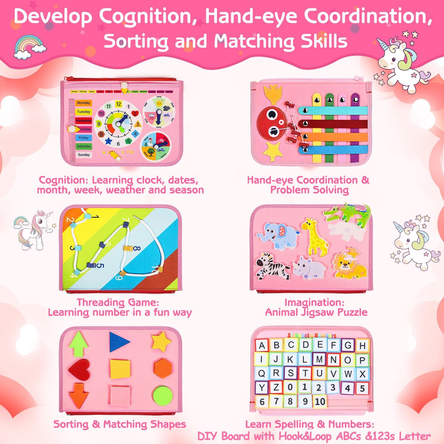 Esjay Toddler Busy Board Montessori Toys for Girls, Sensory Board Educational Activities for Learning Fine Motor Skills, Birthday Gifts for Girls Toddlers, Travel Toys for Airplane Car, Fairy Horse