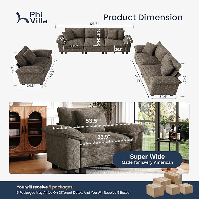 PHI VILLA Cloud Modular Couches Sets, 3 Pieces Large Sectional Sofa Set with Loveseats & Single Sofa, 6-Seater Upholstered Couch for Living Room, Chenille Fabric, Smoky Grey