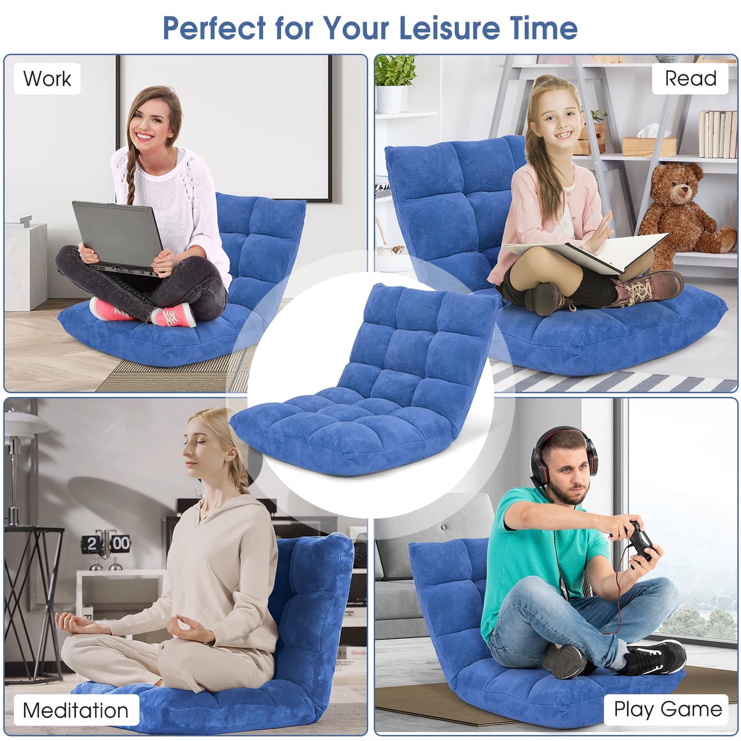 Giantex Floor Chair with Back Support, 14 Adjustable Position, Padded Sleeper Bed, Couch Recliner, Gaming Floor Chairs for Adults, Meditation, Gaming Chair Floor, Blue