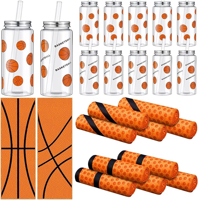 SmoothNovelty 24 Pcs 16.9 Oz Basketball Plastic Cups Bulk Basketball Cooling Towel Set Include 12 Sport Theme Cups with St...