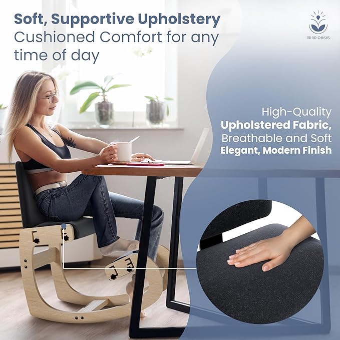 Mind Oasis Ergonomic Kneeling Chair with Back Support - Knee Chair Ergonomic for Office w/Upholstered Fabric - Adjustable Rocking Stationary Correcting Stool, Meditation Desk Stool for Better Posture