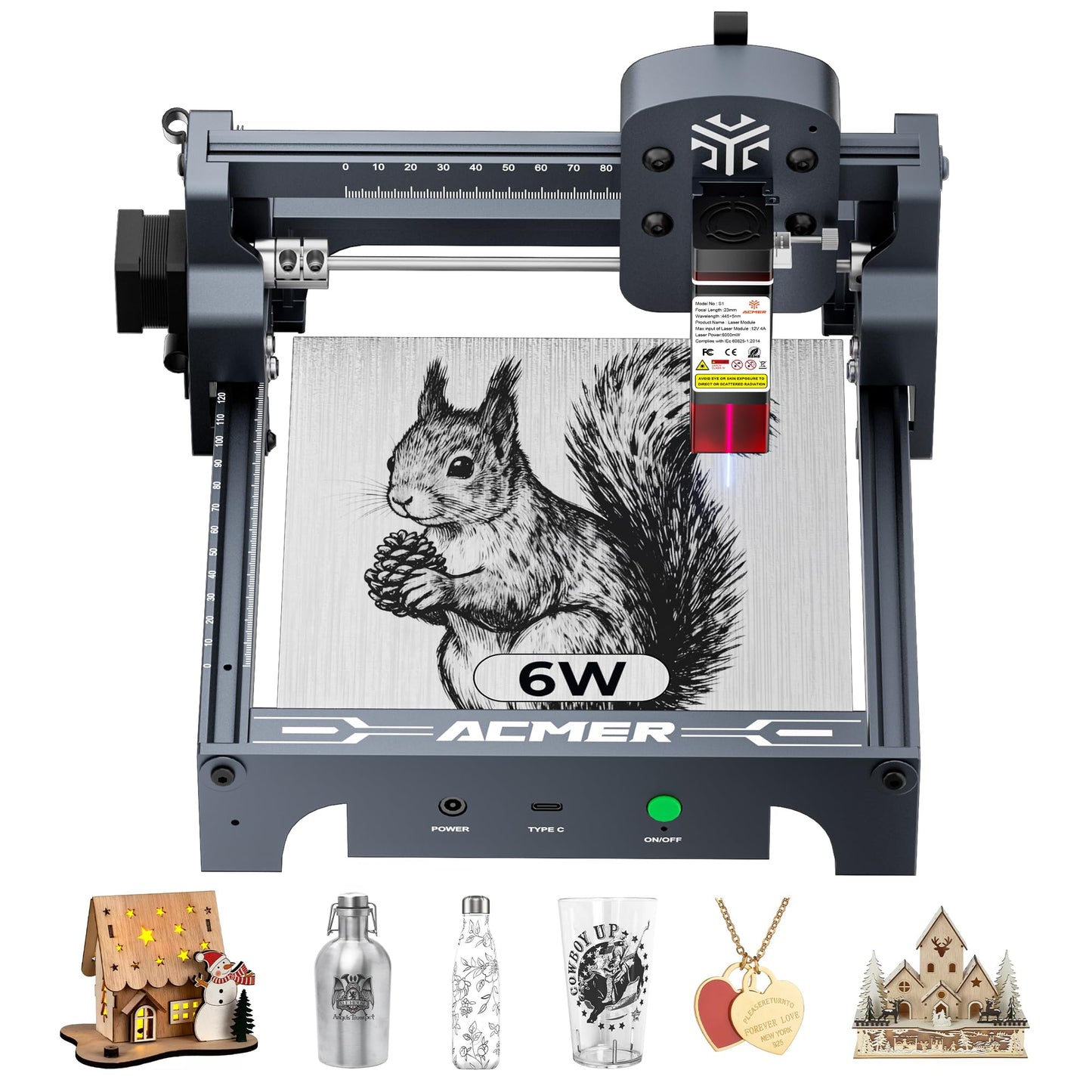 ACMER S1 Laser Engraver, 6000mW Laser Engraver Machine Higher Accuracy Lazer Cutter and Engraving Machine with Working Area 130x130mm,0.04mm Laser Spot Engraving Machines & Tools