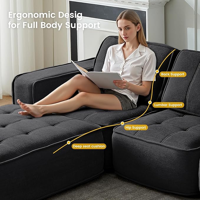 108" Boneless sectional Couch for Living Room,Convertible L-Shape Fleece Couches with Ottoman, Cloud Modular Sofa with Deep Seat for Bedroom, No Assembly,Black