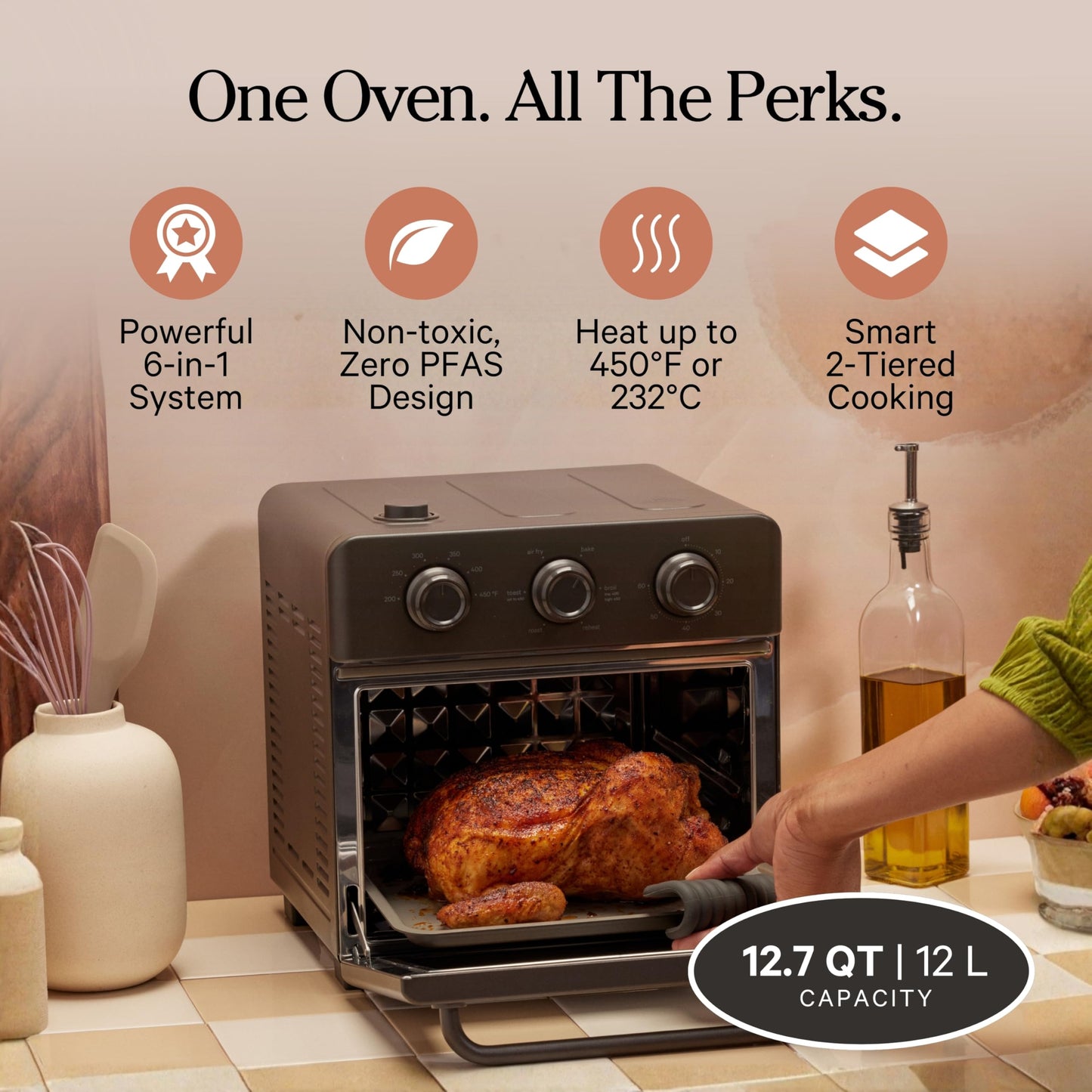 Our Place Wonder Oven | 6-in-1 Stainless Steel Air Fryer Toaster Oven Combo with Basket, Rack, Pan & Tray | Compact 13 QT Countertop Capacity - Toast, Roast, Bake, Reheat, Broil & Steam | Char