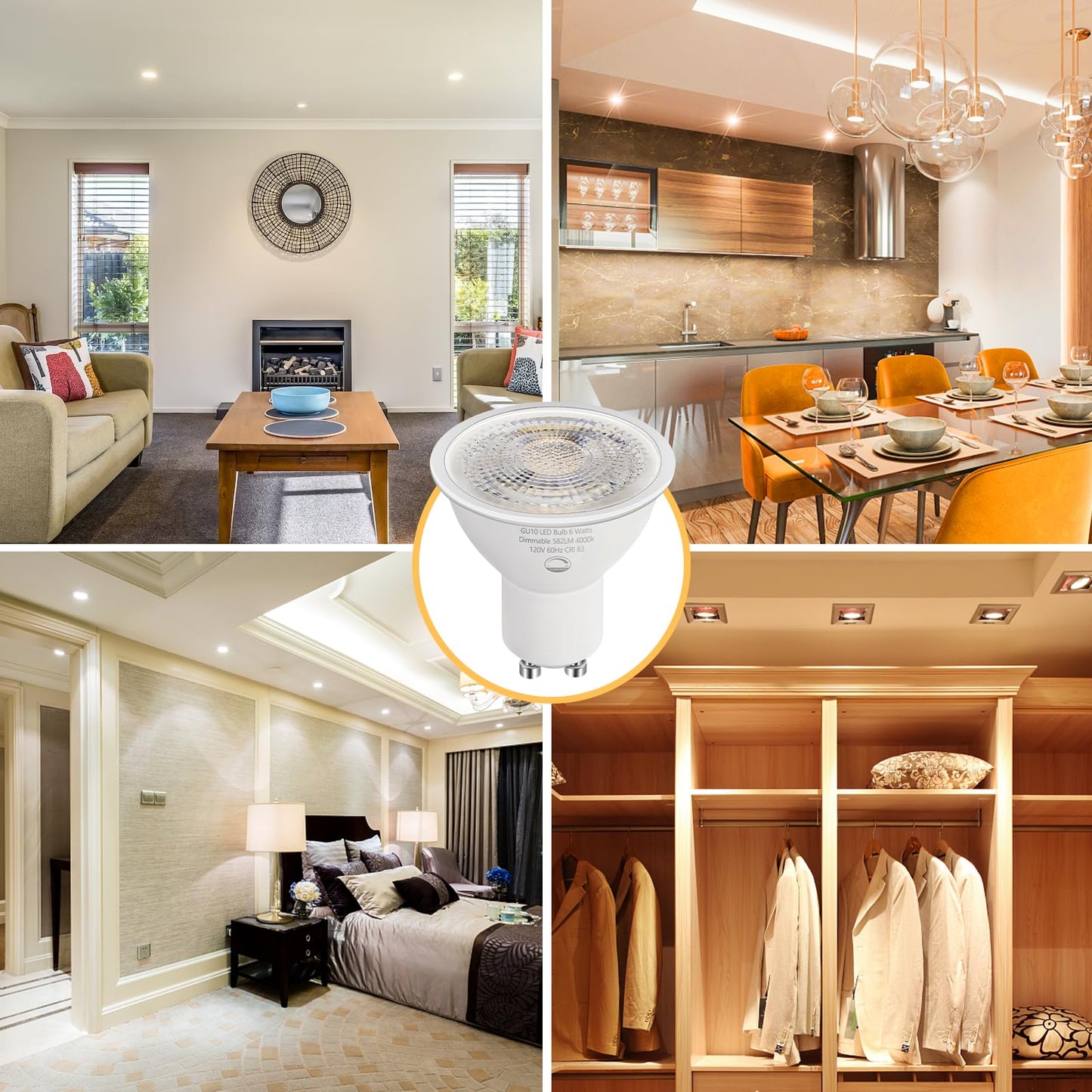 SETEN 6-Pack GU10 LED Bulbs 6W (50W Equivalent), Dimmable 4000K Cool White, 580LM, Perfect for Track & Recessed Lighting, Kitchen, Display Case