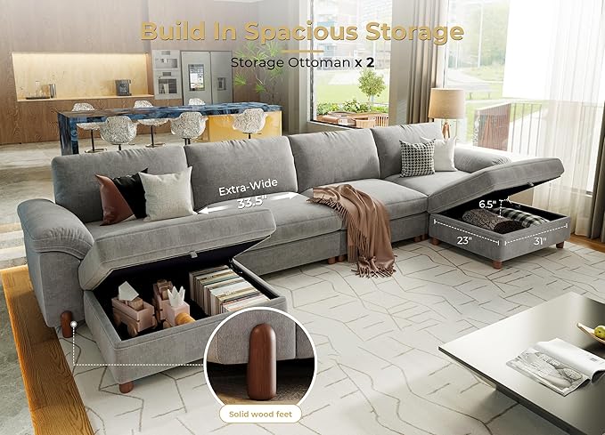 SITJOY 149" Oversized Sectional Couches for Living Room, Extra Large Deep Seat Modular Sofa with Washable Covers, 4 Seater U Shaped Couch with Chaise, Storage Ottoman, Chenille in Light Gray