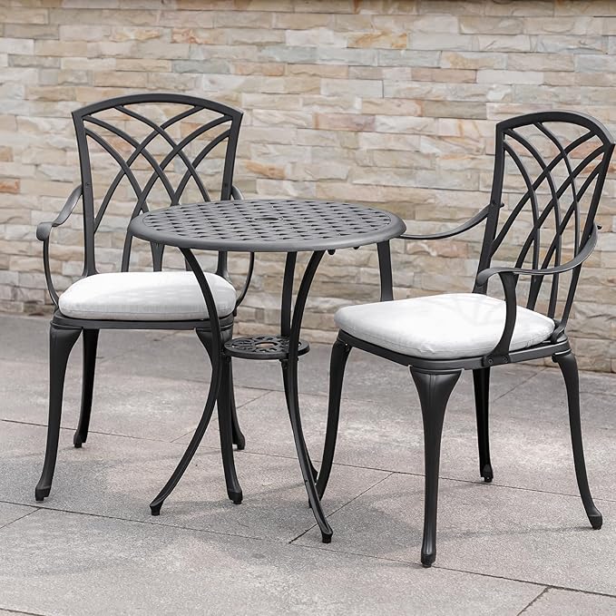 Withniture Patio Bistro Sets Cast Aluminum Bistro Table and Chairs Set of 2 with Umbrella Hole,Outdoor Bistro Set with Cushion for Yard (BLACK1)