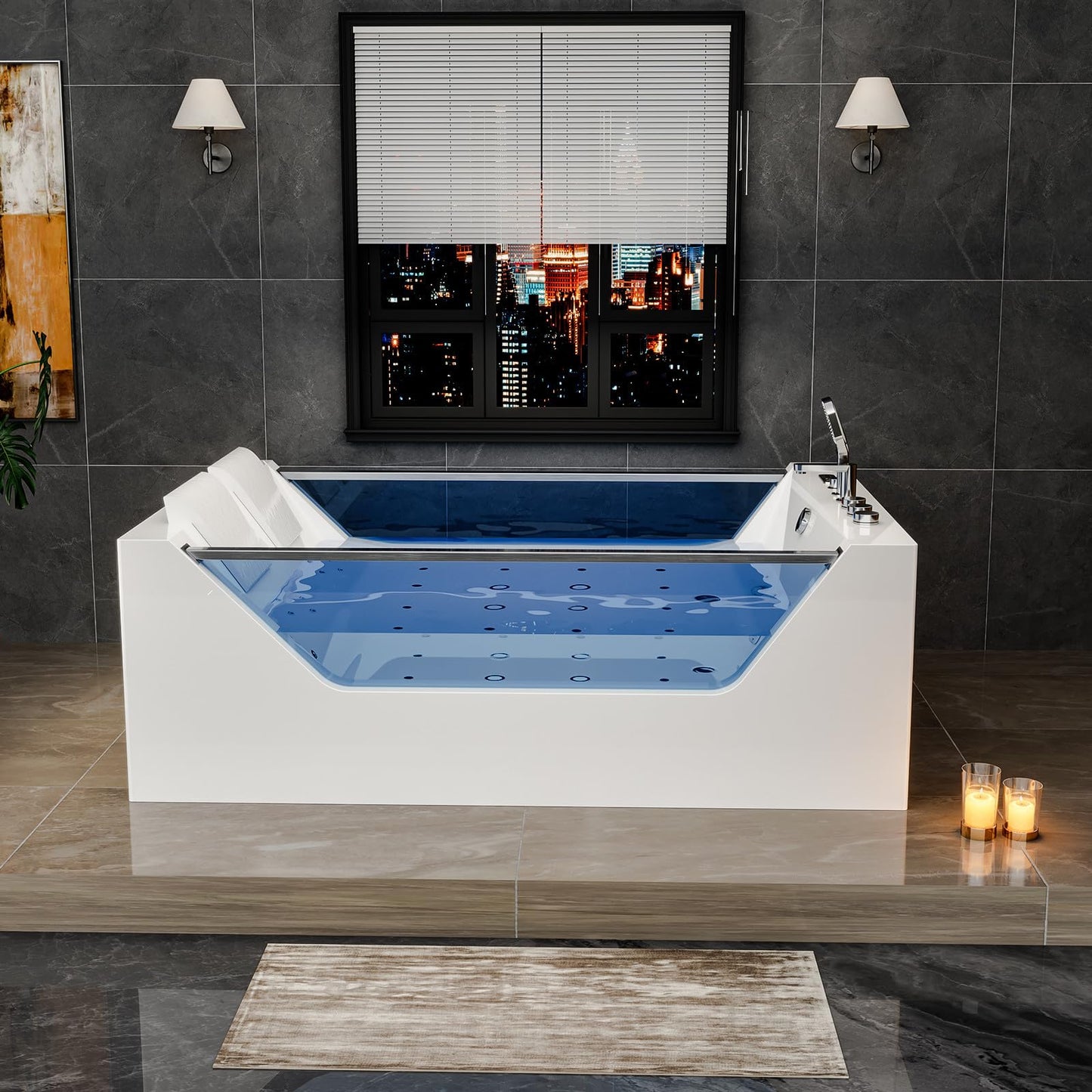 Empava PRO Series 71"x48" Whirlpool Tub | Heated Bubble Spa for 2 with Thermostatic Control & Chromotherapy | Acrylic Freestanding Soaking Bathtub, White (ETL Certified)