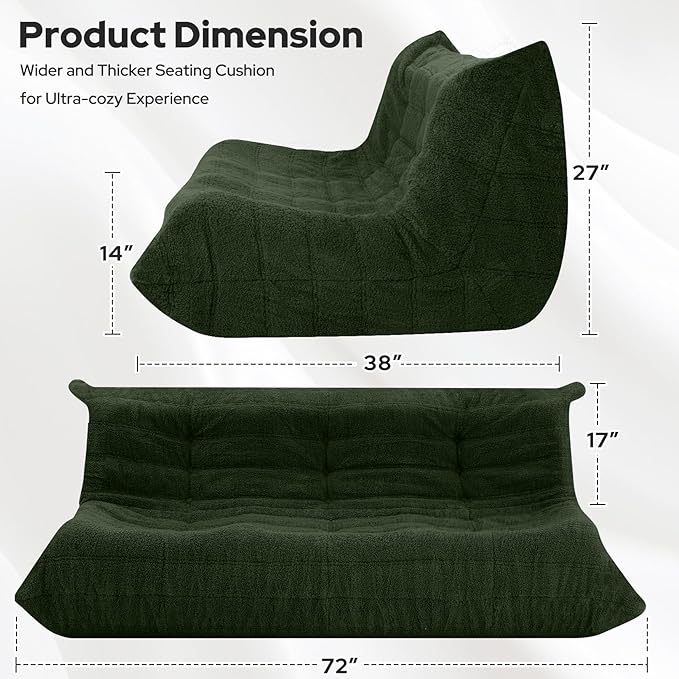 HABUTWAY Bean Bag Chairs Fireside Lazy Floor Sofa, Soft Teddy Fleece 3 Seater Sofa with High-Resilience Foam Filling，Beanbag for Living Room, Bedroom, Office (Green Teddy)