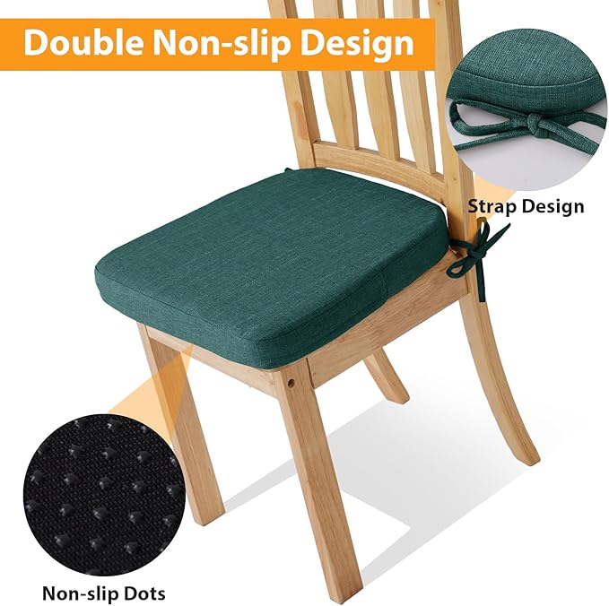Ruqmuis Chair Cushions for Dining Chairs, 2" Thick Seat Cushions for Kitchen Chairs, D-Shaped Chair Pads with Washable Cover, Ties and Non Slip Backing, 17'' x 16'', Set of 6, Green